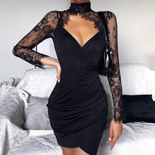 BKLD Fashion See-through Lace Patchwork Long Sleeve Bodycon Dress Women Sexy Hollow Out Black Mini Celebrity Evening Party Dress 2024 - buy cheap