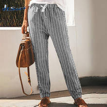 2021 Elastic Waist Striped Trousers Women Casual Loose Pants Summer s Trousers Long Straight Palazzo Pant 5XL Femenino 2024 - buy cheap