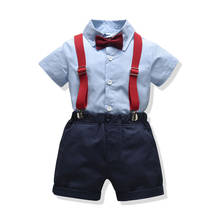 Roupas sociais para crianças pequenas de 1-6 anos, conjunto de roupa azul para meninos com camisa e shorts e cinto, 4 peças 2024 - compre barato