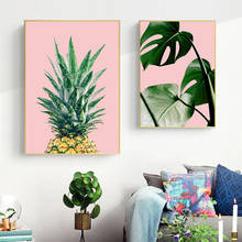 Pôster de parede tropical, palmeira, folhas, abacaxi, pintura em tela, rosa e verde, imagens frescas para decoração de parede da sala de estar 2024 - compre barato