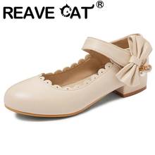 REAVE CAT/Женская обувь на плоской подошве в сдержанном стиле; сезон весна-осень; круглый носок; квадратный каблук 3 см; застежка-липучка; жемчуг; стразы; бант; большие размеры 28-43; T1148 2024 - купить недорого