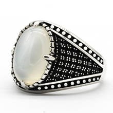 Pure 925 Sterling Silver Men's Ring with Natural Oval White Agate Stone Ring with Black CZ Turkish Handmade Jewelry Gift 2024 - buy cheap