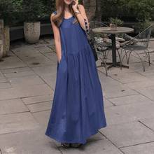 Fashion Denim Blue Maxi Dress Women Summer Sundress 2021 ZANZEA Casual Sleeveless Tank OL Vestidos Female Pleated Robe  2024 - buy cheap