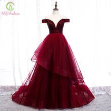 SSYFashion New Banquet Elegant Burgundy Evening Dress Boat Neck Beading Sweep Train Long Prom Formal Gown Vestidos De Noche 2024 - buy cheap