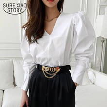 New 2021 Spring Korean Shirt Fashion Women V-neck Solid White Blouse Office Lady Shirt Cotton Plus Size Loose Tops Blusas 2024 - buy cheap