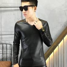 New autumn winter long-sleeved tight male tide V collar PU leather primer shirt leather t-shirt Korean Men Slim warm clothes 2024 - buy cheap