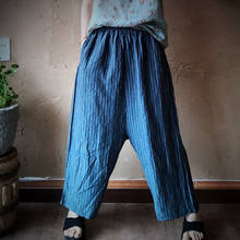 Johnature 2021 Autumn New Striped Pants Linen Elastic Mid Waist Loose Vintage Ankle-Length Linen Casual Women Wide Leg Pants 2024 - buy cheap