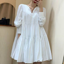 Spring autumn cute puff sleeve pleated dress women v-neck loose doll dress 2024 - buy cheap