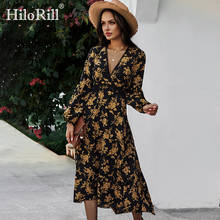 HiloRill Women Floral Print Elegant Long Dress Lace Patchwork Lady Party Dresses V Neck Lantern Sleeve Boho Beach Dress Robe 2024 - buy cheap