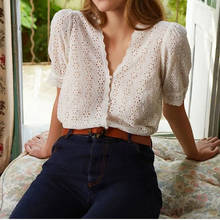 Camisa floral oca para mulheres, branca, bordada, manga curta, blusa com botões flor, primavera verão 2021 2024 - compre barato