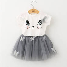 Girls Fashion Clothes Set Short-sleeved T-shirt Short Skirt Set Of 2 Cartoon Kitten Face With Sequined Ears Princess Set Kids 2024 - buy cheap