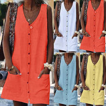Vestido de verano Vintage naranja para mujer, minivestido Sexy de estilo bohemio con bolsillos y botones, color liso, para playa, 2021 2024 - compra barato