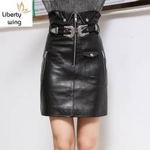 Real Women Belted Slim Fit High Waist Genuine Leather Skirts Wrap Mini Sexy Sheepskin Biker Ladies Pencil Skirt 2024 - buy cheap