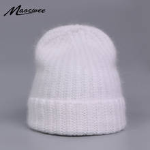 Chapéus femininos de inverno, gorros de tricô de lã de coelho, chapéu de pele real feminino, tampas skullies de pele sólida, gorro quente casual para adultos 2024 - compre barato