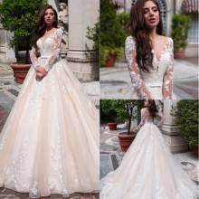 Long Sleeve Ball Gowns Champagne Wedding Dresses Illusion O-Neck and Back Custom Made Dresses Vestido De Noiva Back 2024 - buy cheap