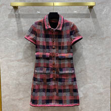 Женское твидовое платье, дизайнерское платье из 100% шелка на подкладке, с коротким рукавом, C214, осень 2021 2024 - купить недорого