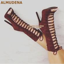 ALMUDENA Wine Red Suede Cross Tied Mid-calf Boots Stiletto Heels Open Toe Thin Strappy Lace-up Middle Boots Long Sandal Dropship 2024 - buy cheap