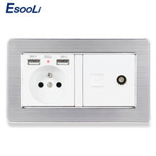 ESOOLI Stainless Steel Panel French Standard Electric Socket with 2 USB + RJ45 Internet Jack and Television Port Power Outlet 2024 - buy cheap