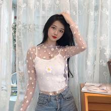 2021 Summer Women Embroidery Daisy Floral Chrysanthemum Mesh Gauze Basic Shirt Lady Elastic Slim Pullover Lace Chic Blouse Tops 2024 - buy cheap