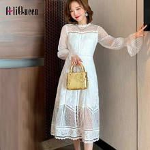 Vestido de renda feminino sensual coreano de malha vazada com retalhos, vestido elegante de festa vintage de primavera branco com manga flare, 2020 2024 - compre barato