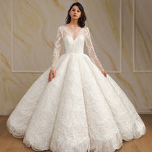 Elegant Long Sleeve Wave Ball Gown Wedding Dress 2021 Luxury Boat Neck Lace Sequins Wedding Bridal Gowns Robe de Mariee 2024 - buy cheap