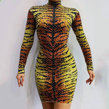 Sexy Leopard Print Rhinestone Dress Long Sleeve Stretch Tight Short Dress Dj Gogo Dancer Cosplay Costume Rave Outfit VDVDB3362 2024 - buy cheap