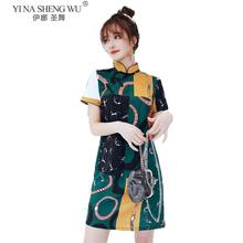 Платье-Ципао женское короткое в китайском стиле, модное корейское платье с зеленым принтом, традиционная китайская одежда, на лето 2024 - купить недорого