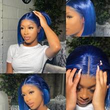 Blue BOB Wig Lace Front Human Hair Wigs Preplucked 180% Remy Hair Bleached Straight Short BOB Lace Front Wig Dark Blue BOB Wigs 2024 - buy cheap