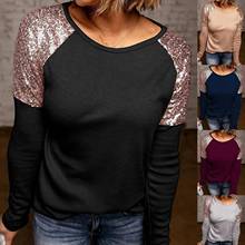 tee shirt femme Chic Long Sleeve O Neck Shiny Sequins Patchwork Slim Base T-shirt  tops women t shirt women 2021 fashion xxl 2024 - buy cheap