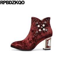 Women Chunky 10 Metal Heel Boots Crossdresser Pointed Toe Shoes Booties High Wedding Pearl Rhinestone Velvet Wine Red Big Size 2024 - buy cheap