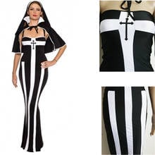 Sexy Women Halloween Nun Costumes Solid Black White Cross Pattern Print Sleeveless Strapless Long Dress Nun Cosplay Uniform 2024 - buy cheap