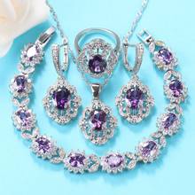 925 Sterling Silver Jewelry Sets Costume Women Wedding Purple Crystal Earrings And Necklace Charm Bracelet Ring Bridal Sets 2024 - buy cheap