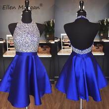 Short Royal Blue Satin Homecoming Dresses for Juniors Girls 2019 Halter Mini Beaded Formal Graduation Party Cocktail Gowns 2024 - buy cheap