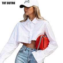 Top corto blanco Sexy de manga larga para mujer, Camisa de algodón liso con dobladillo asimétrico, blusa informal con botón y lazo 2024 - compra barato