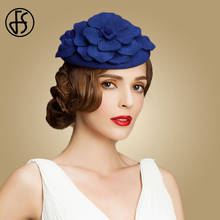 Chapéus de feltro de lã fs para mulheres fascinadores casamento azul real elegante preto chapéu pillbox com flor senhoras festa derby chapéus 2024 - compre barato