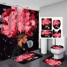 Cor-de-rosa africano cabelo mulher tecido cortina de chuveiro cortinas do banheiro moda afro menina anti-skid tapetes toalete capa de banho tapete conjunto 2024 - compre barato