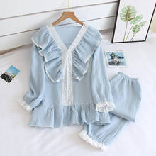 Spring Women Lace Pajamas Cotton Gauze Sleepwear Long-sleeved Solid Lounge Wear V-Neck Two Piece Set Loose Cute Home Clothes 2024 - buy cheap