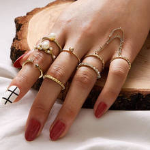 HuaTang-Conjunto de Anillos de dedo para mujer, cadenas geométricas de oro, Anillos abiertos de cristal con nudillos, joyería para mujer, 8 Uds. 2024 - compra barato