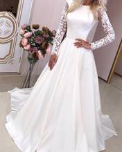 Elegant Satin Wedding Dresses Illusion Lace Long Sleeve Lace up Scoop Neck Simple Pleated Bridal Gowns 2022 Vestido de Novia 2024 - buy cheap