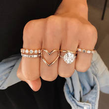 Tocona 5 pçs moda luxo cristal amor coração rosa anéis de ouro conjunto boho jóias feminino mini dedo anel casamento bijouterie 9545 2024 - compre barato