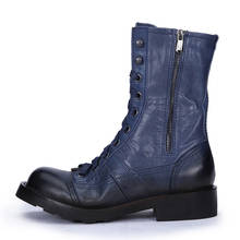 Cap Toe Men's High Boots Genuine Leather Blue Boots Men Military Square Heel Combat Boots  17#21/10d50 2024 - buy cheap