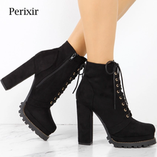 Perixir-Botines con plataforma y punta redonda para mujer, botas de ante de imitación, zapatos de tacón alto, color negro, Otoño, 2020 2024 - compra barato