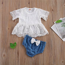 Toddler Baby Girls Summer Casual 2 Piece Clothes Sets Short Sleeve Round Neck Lace Tops with Short Pant Outfits for 0-24 Months 2024 - buy cheap