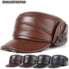 Shaluotaotao pai chapéus de couro genuíno chapéu inverno moda veludo engrossar boné de beisebol para homens earmuffs térmicos bonés novo 2024 - compre barato