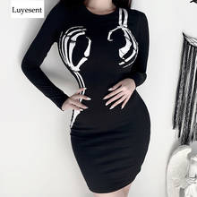 Black Punk Woman Mini Tight Dress 2022 Lady Goth Skull Skeleton Print Empire Cool Chic Full Sleeve Gothic Basic Skinny Dresses 2024 - buy cheap