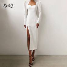 2021 Spring Autumn Women Elegant Party Puff Sleeves Square Collar Solid High Waist Retro Long High Fork Mid Calf Pencil Dress 2024 - buy cheap