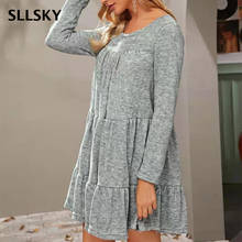 Sllsky vestido de malha plissado, mini vestido casual, gola redonda, manga comprida, linha a, feminino, verão 2021 2024 - compre barato