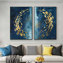 Abstracto azul fundo mar dourado peixe escola quadros em tela quadros de arte cartazes e impressões parede fotos para sala estar decoração 2024 - compre barato