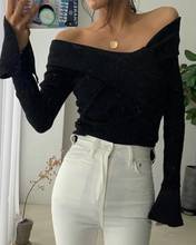 Women Long Sleeve Off-Shoulder Knitted Pullovers V Neck Twisted Back Sweater Women Jumpers Autumn Winter Pullovers Casual Tops 2024 - buy cheap