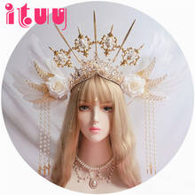 KC Crown Headwear White Angel Feather Wing Virgin Mary Bead Chain Baroque Wedding Tiara Gold Halo Lolita Gothic Hair Accessory 2024 - buy cheap